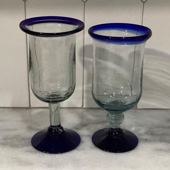 Pier 1 Cobalt Blue Rim Wine Glasses Goblets Mouth Blown Mexico Set Of 2