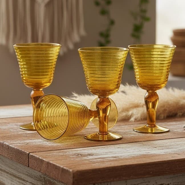 Amber Optic Ribbed Glasses Goblets Depression Era Set Of 4 Mid Century