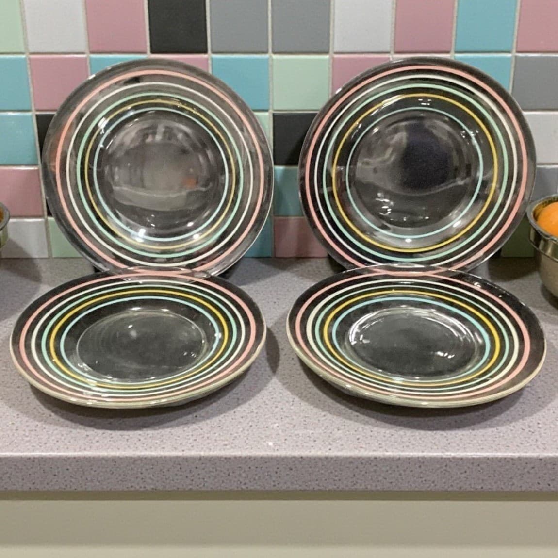 Anchor Hocking Pastel Ring Salad Plates, Set Of 4, Vintage Glass Tableware