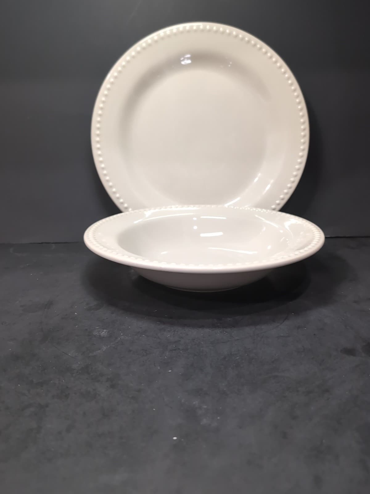 Pottery Barn Emma Beaded Soup Bowl & Dinner Plate, Portugal Gray, Tableware