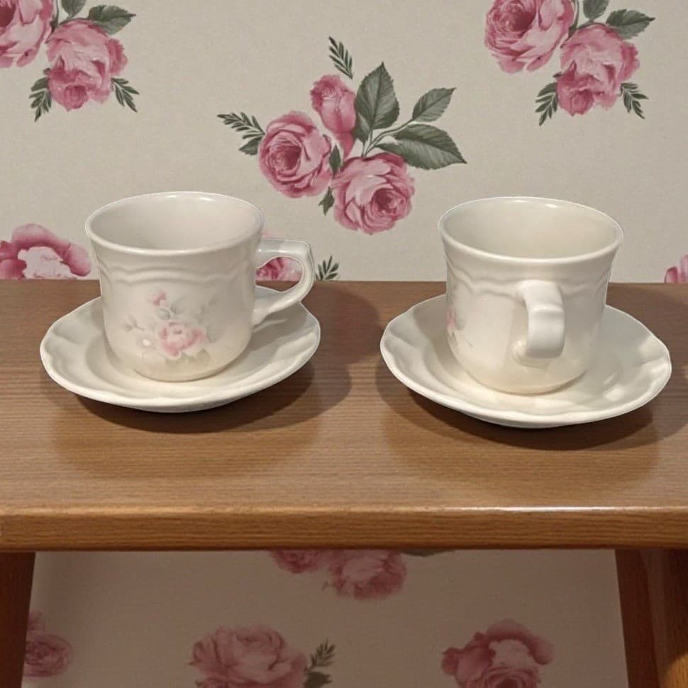 Pfaltzgraff Pink Tea Rose Teacups & Saucers, Set of 2, Vintage Floral Stoneware