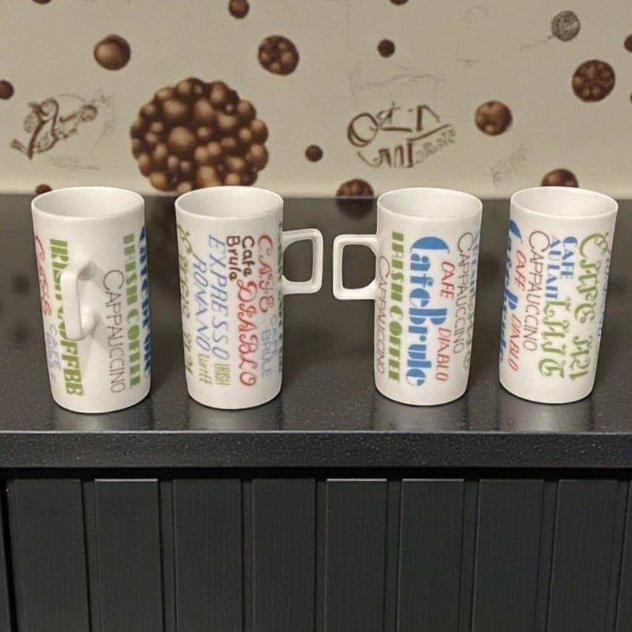 Royal Crown Arnet Demitasse Cups, Set of 4, Colorful Coffee Recipe Lettering