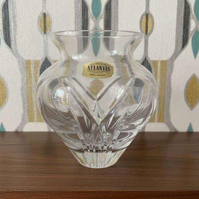 Atlantis Full Lead Crystal Vase, Vintage Handblown Clear Glass, Mantel Decor