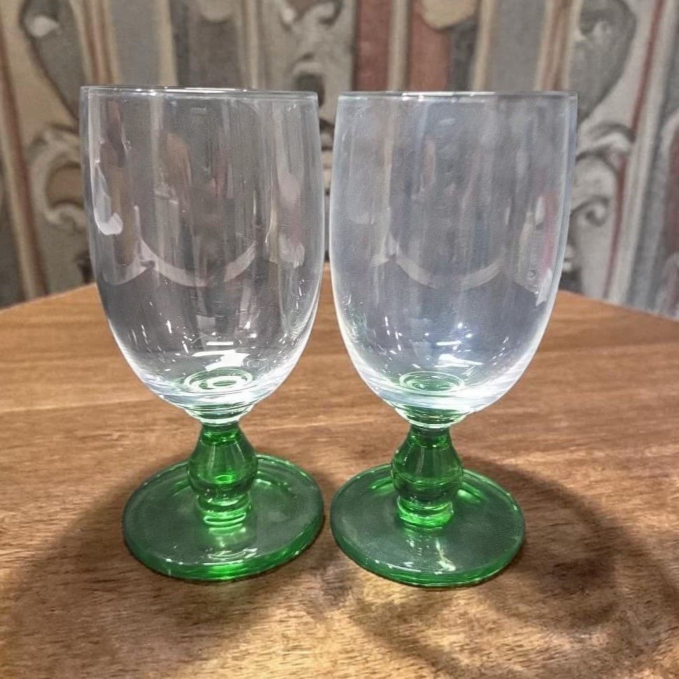 Green Bubble Stem Wine Glasses, Set of 2, Vintage Clear Bulb Stemware, Drinkware