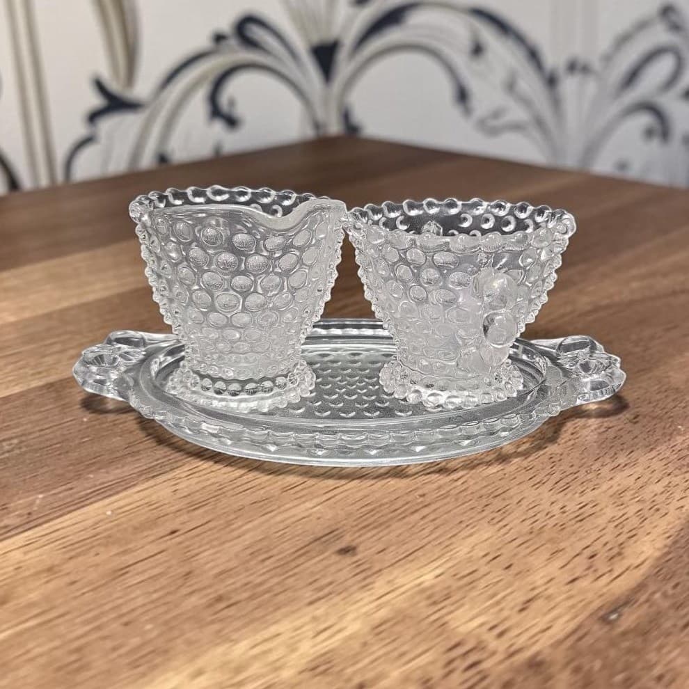 Duncan & Miller Crystal Hobnail Sugar And Creamer With Tray, Vintage Glassware
