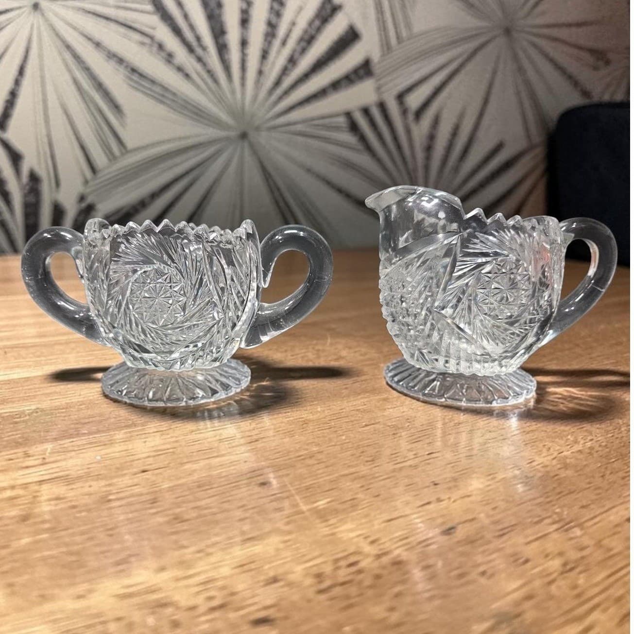 American Brilliant Cut Glass Sugar Bowl & Creamer #DH22, Pinwheel Hobstar Design