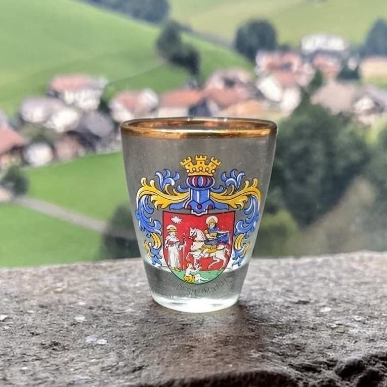 Germany Souvenir Rüdesheim am Rhein Shot Glass, Vtg Coat Of Arms Shield Design