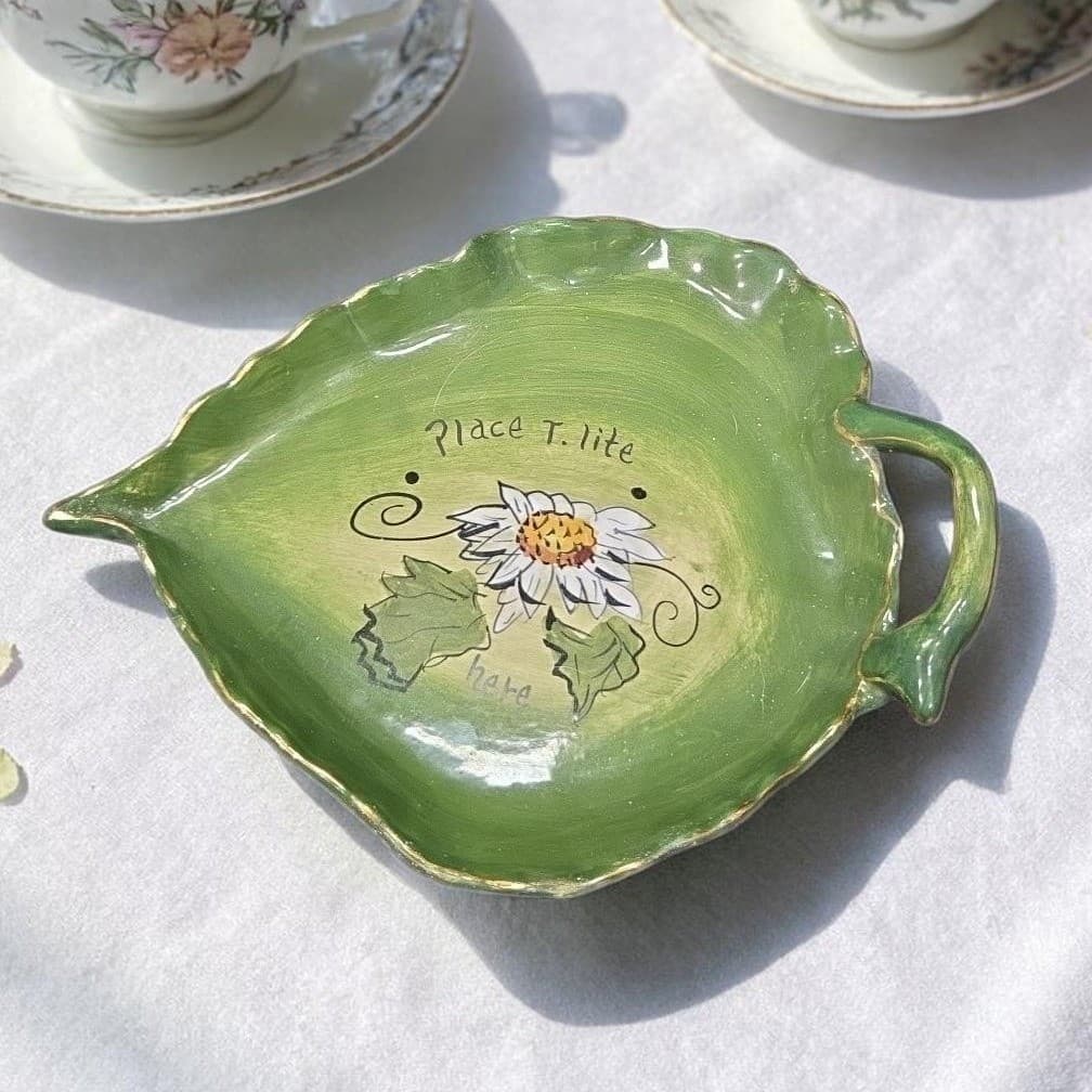 Blue Sky Leaf Shape Tea Light Tray, Green Floral Painted Plate, Vintage Dish