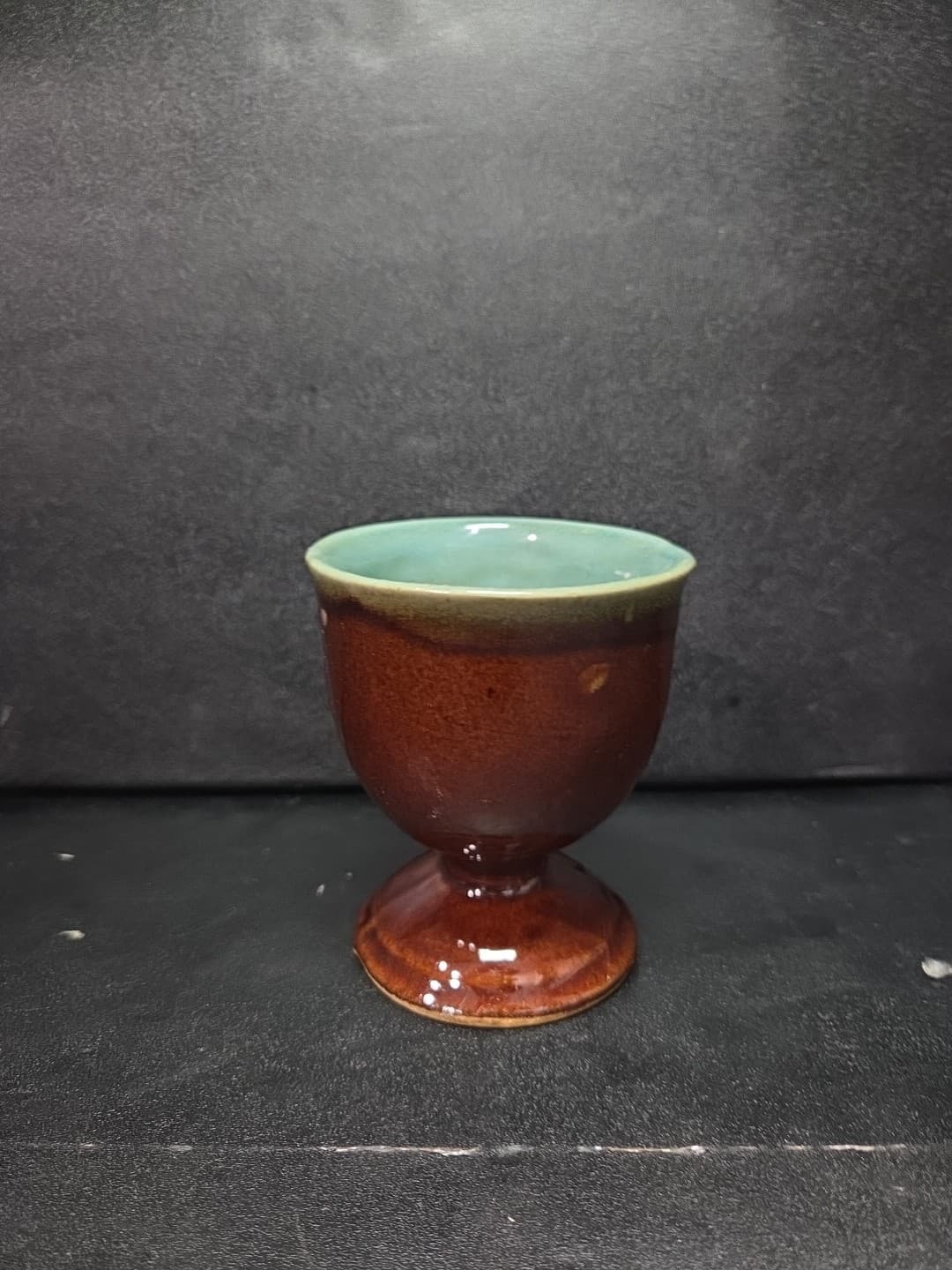 Country Fare Style Turquoise & Brown Glaze Egg Cup, Vintage Ceramic Goblet