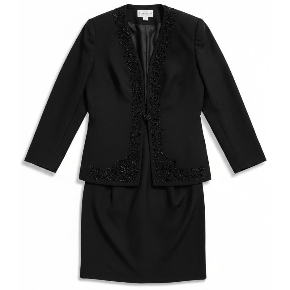 John Meyer of Norwich Black Beaded Skirt Suit, Woman's Size 6 Floral Embroidery