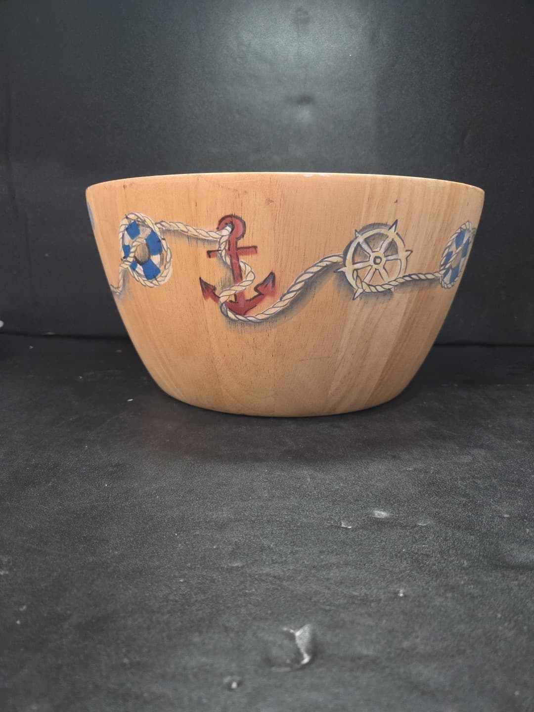 Clay Art Hand Painted Wooden Serving Bowl, Nautical & Anchor Design, Salad Dish