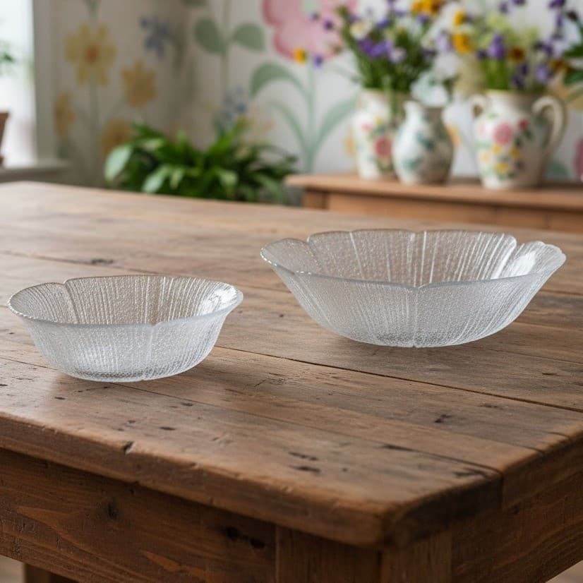 Mikasa Kurata Inspired Bowls Clear Bubble Glass Lotus Flower Ice Floral Set of 2