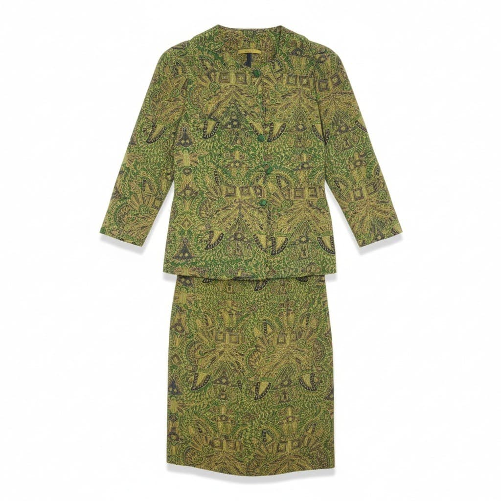 Sussy Green Batik Geometric Print Skirt Suit Set, Women's 2XL, Blazer Midi Skirt