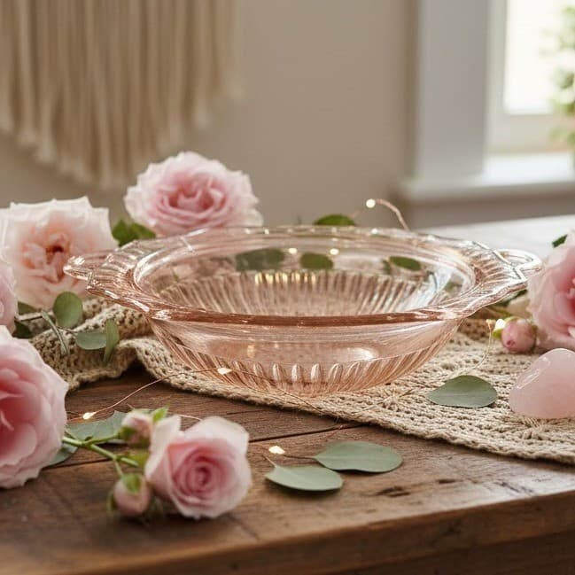 Mayfair Open Rose Pink Handled Bowl, Hocking Depression Glass, Vtg Floral Dish