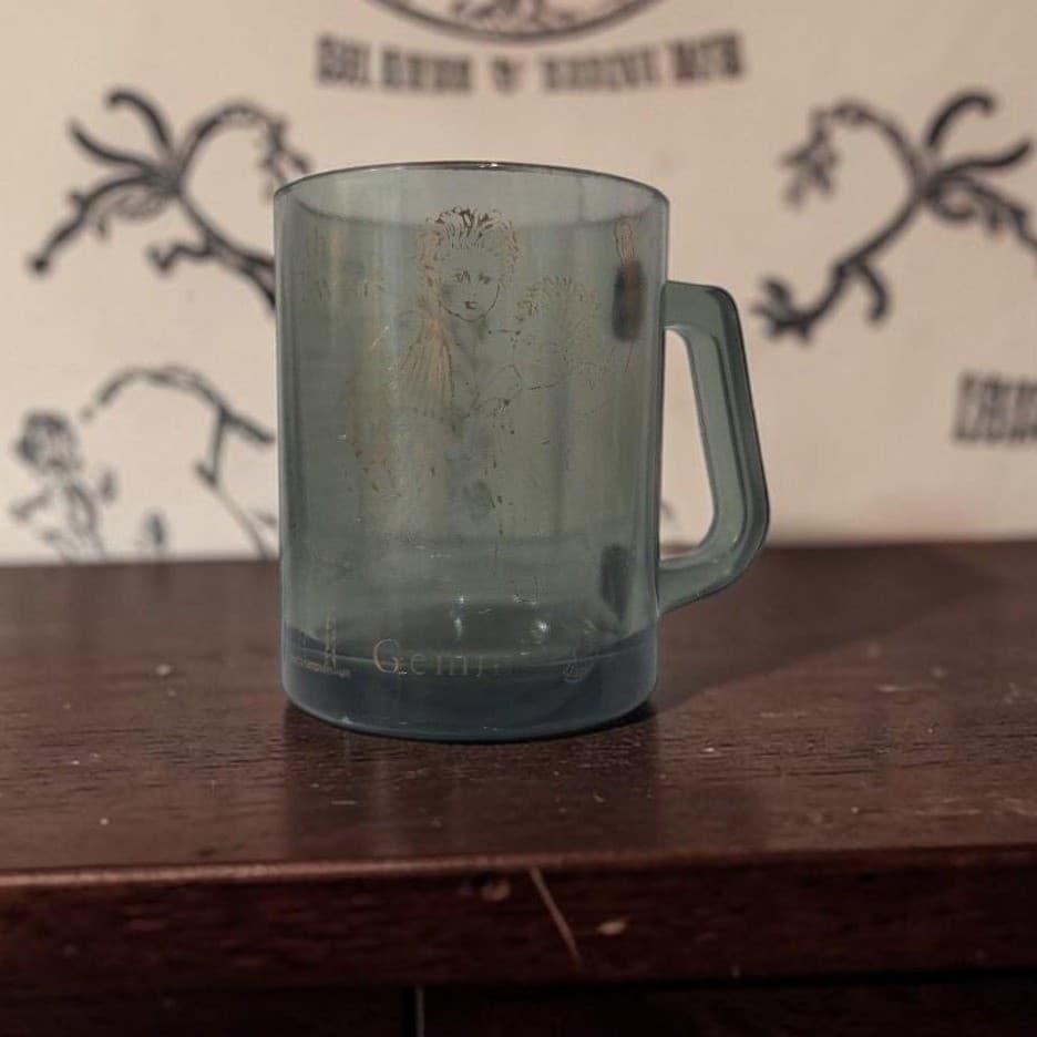 Gemini Zodiac Sign Smoke Gray Coffee Cup, Vintage Faded Gold Lettering Mug