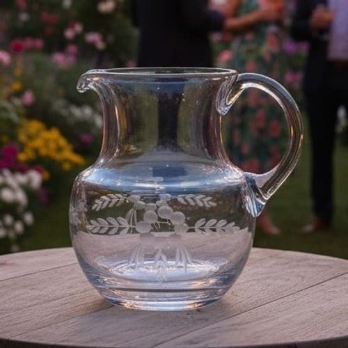 Floral Etched Glass Sangria Pitcher, Vintage Hand Blown Juice Dispenser, Barware