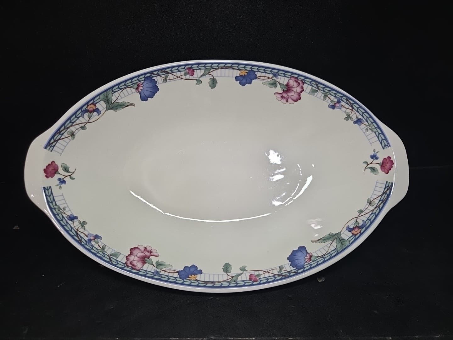 Oneida Blue Lattice P-1 Oval Vegetable Serving Bowl Platter, Vintage Floral Dish