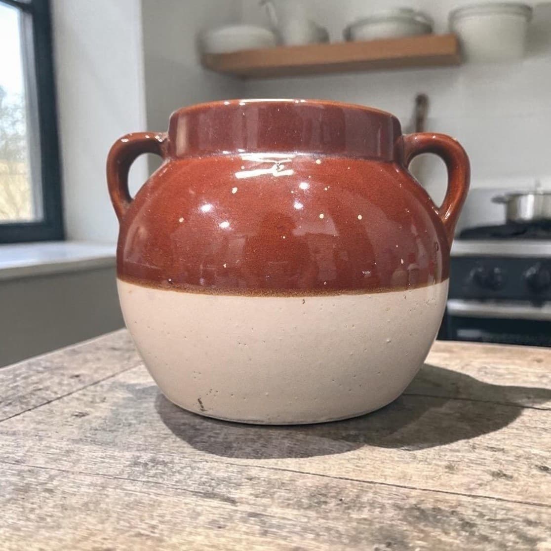 Boston Style Double Handled Bean Pot, Vintage Tan Brown Pottery, Kitchenware