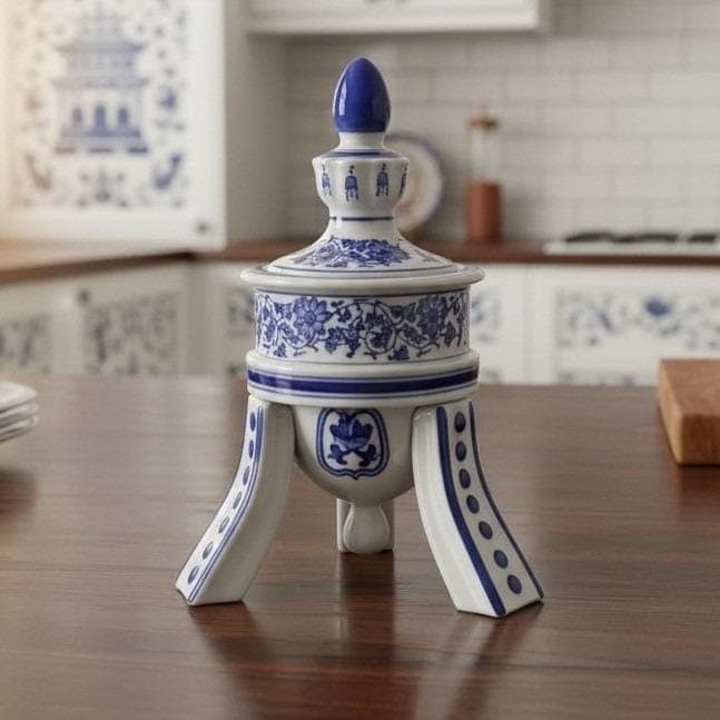 Bombay Company Blue & White Temple Urn, Vintage 3-Footed Porcelain Jar Canister