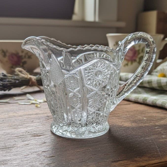 Indiana Glass Paneled Daisy Finecut Creamer, Clear Pressed Glass Small Pitcher