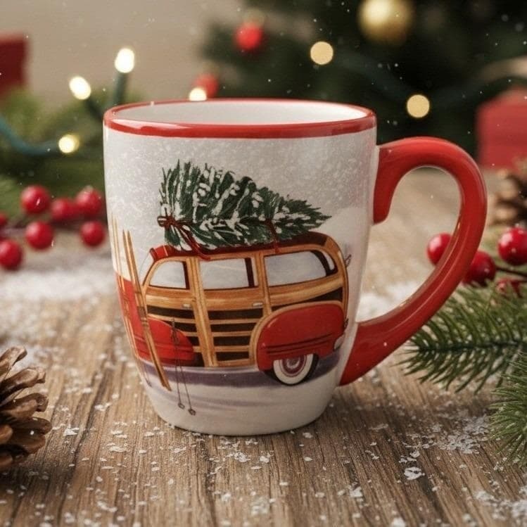 Nantucket Home for Holiday "Woody" Car Christmas Tree Coffee Tea Cup Mug