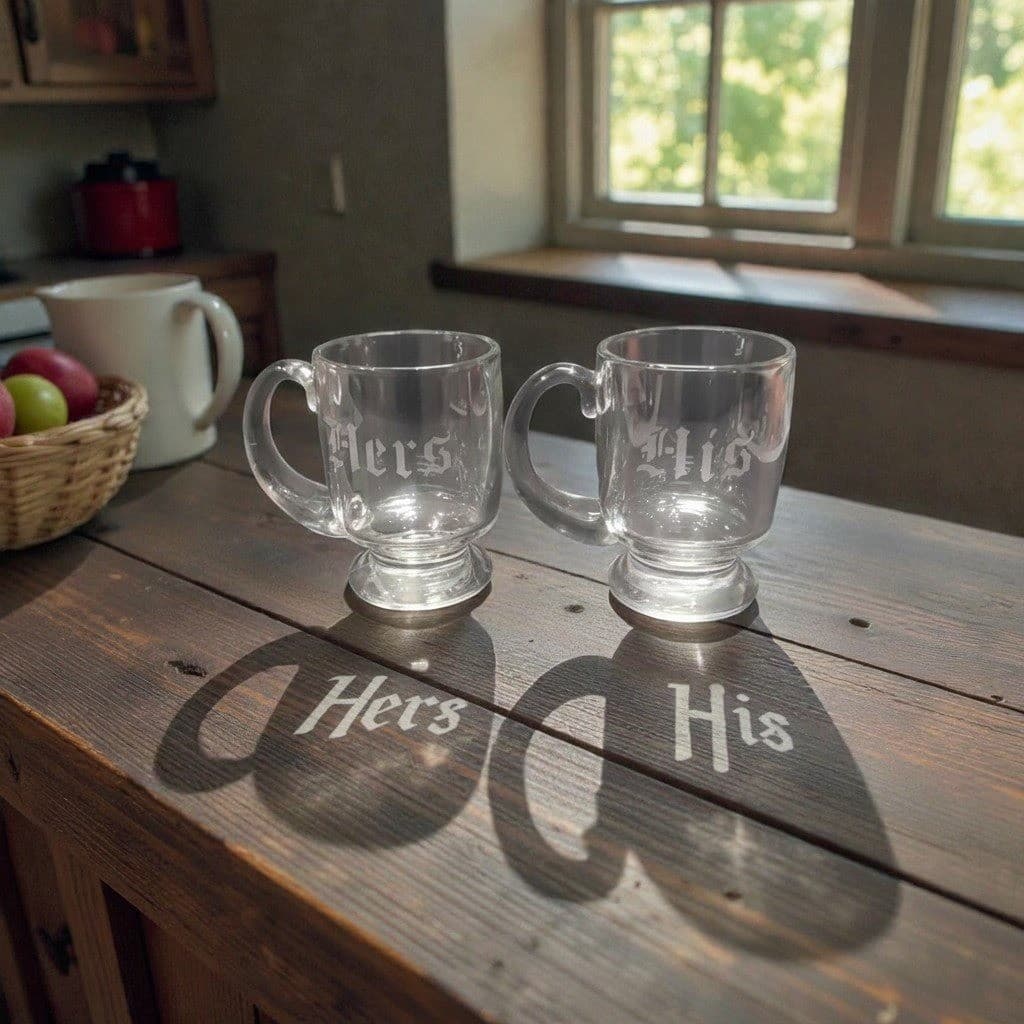 His & Hers Pedestal Cups, Etched Glass Mugs, Couples Coffee, Set of 2, Drinkware