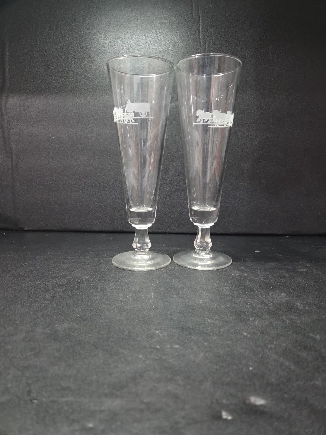 Anheuser Busch Glass Pilsners, Set of 2, Clydesdales Wagon Etched, Beer Glasses