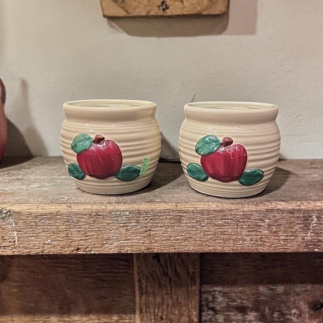 Ceramic Bright Red Apple Candleholders, Set of 2, Vintage Hand Painted Votives