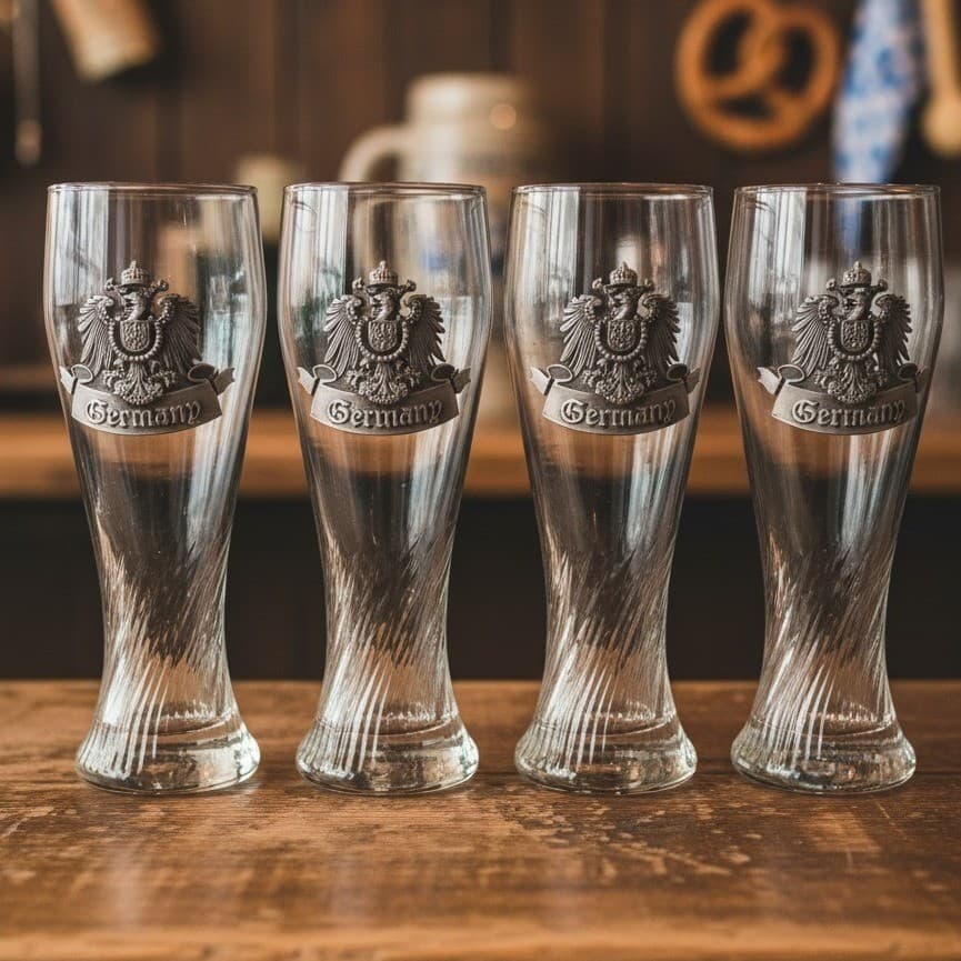 M. Cornell Germany Twisted Pilsner Glasses, Set of 4, Deutschland Metal Crest