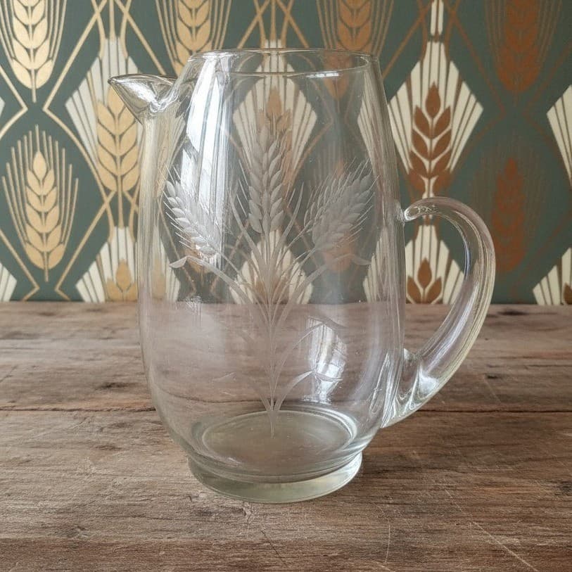 Dale Moore Etched Wheat Design Pitcher, Vintage Clear Glass Jug, Tableware