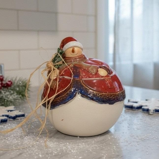 Cookie Jar Snowman Round with Tree and Santa Hat on Snowman Collections # C5466