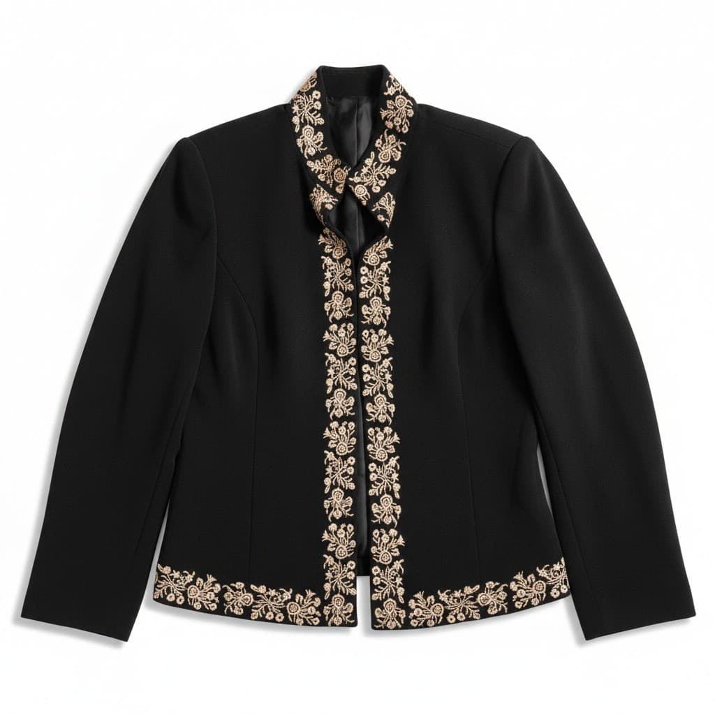 Jessica Howard Black Gold Embroidered Open Front Evening Jacket, Women's Size 8