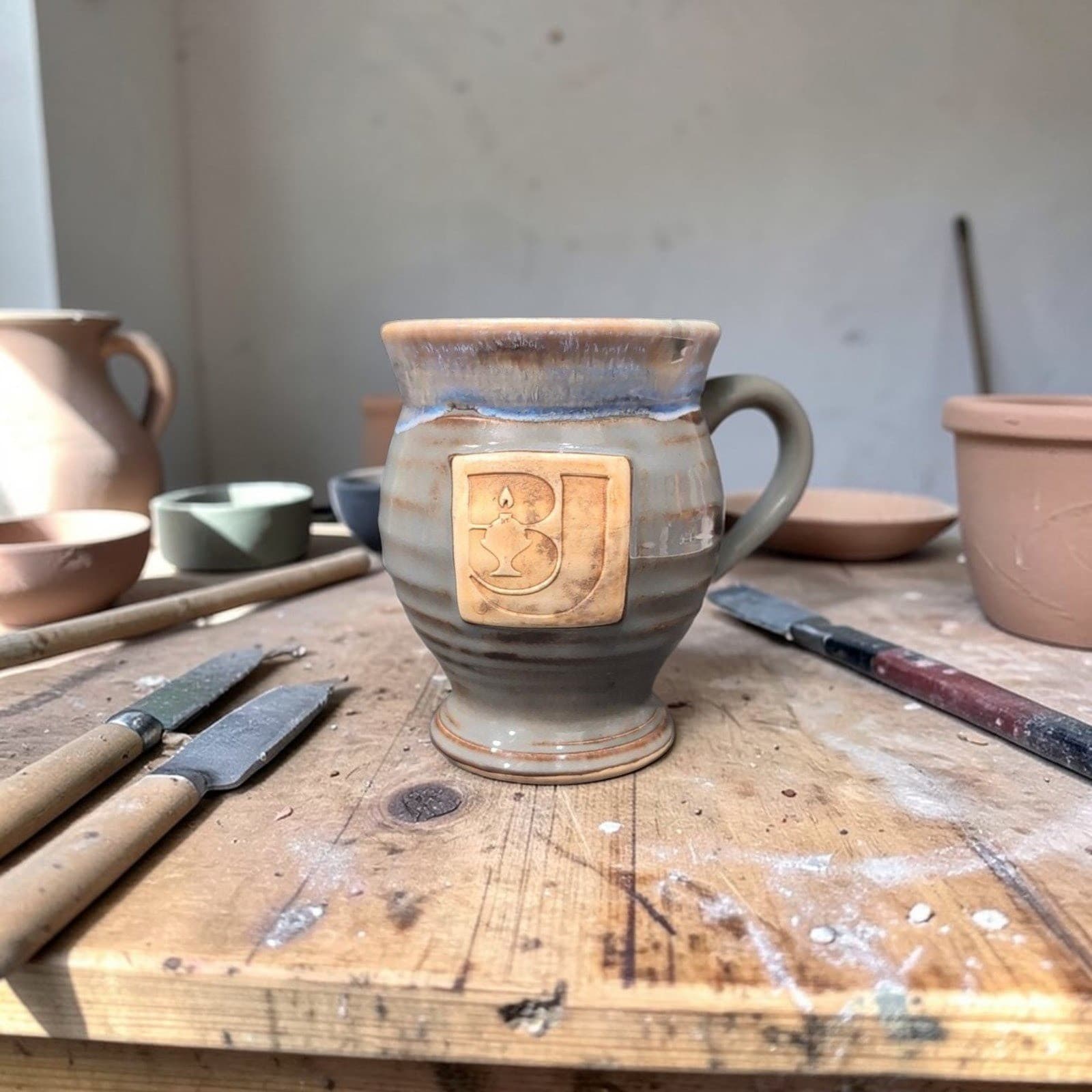 Drip Glazed Stamped Pottery Mug, Potbelly Coffee Cup, Signed MM or WW Bulb Logo