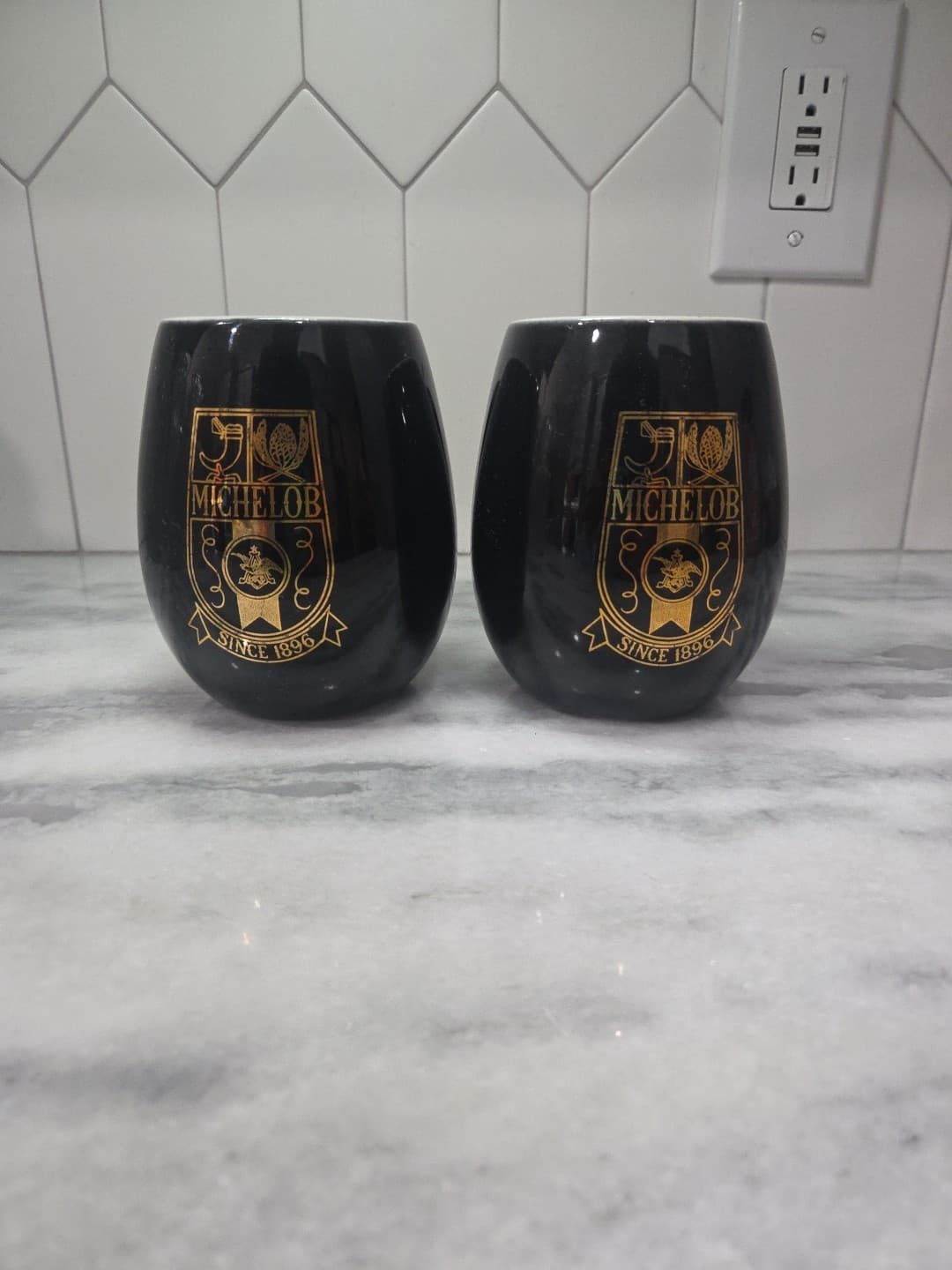 Michelob Black Beer Steins, Set of 2, Gold Crest Logo, Vtg Barware, Collectible