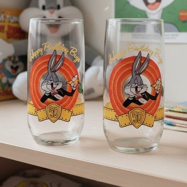 Vintage Warner Bros Happy Birthday Bugs Bunny 50th Anniversary Glasses Set of 2