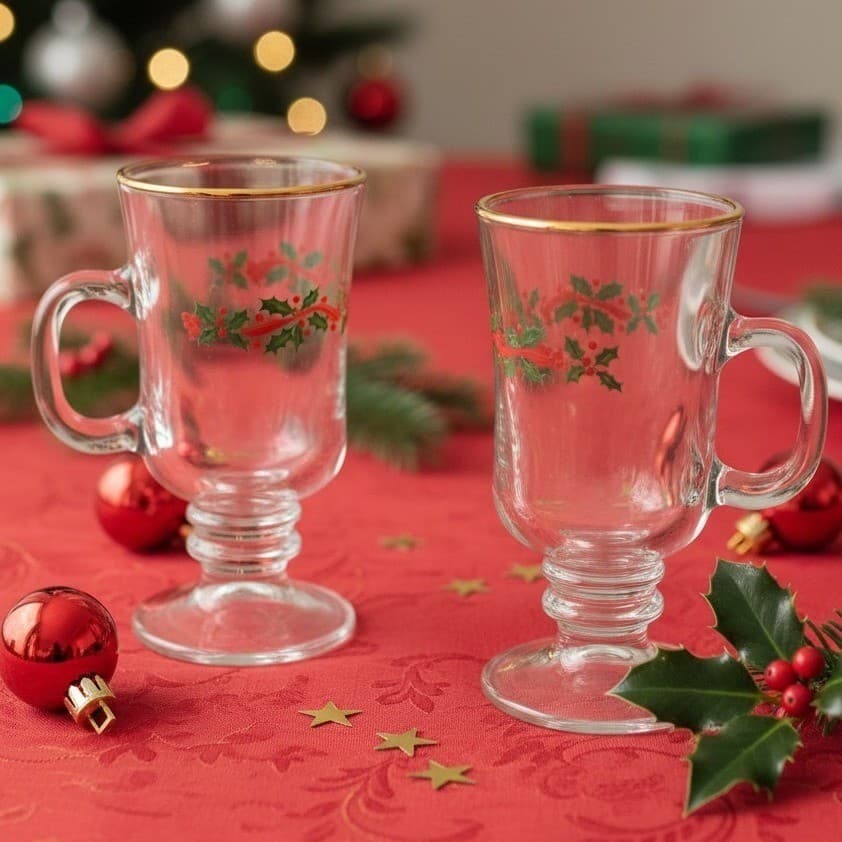 2 ~ Vintage Libbey Irish Coffee Mugs ~ Christmas Holly Berry Ribbon ~ Gold Band