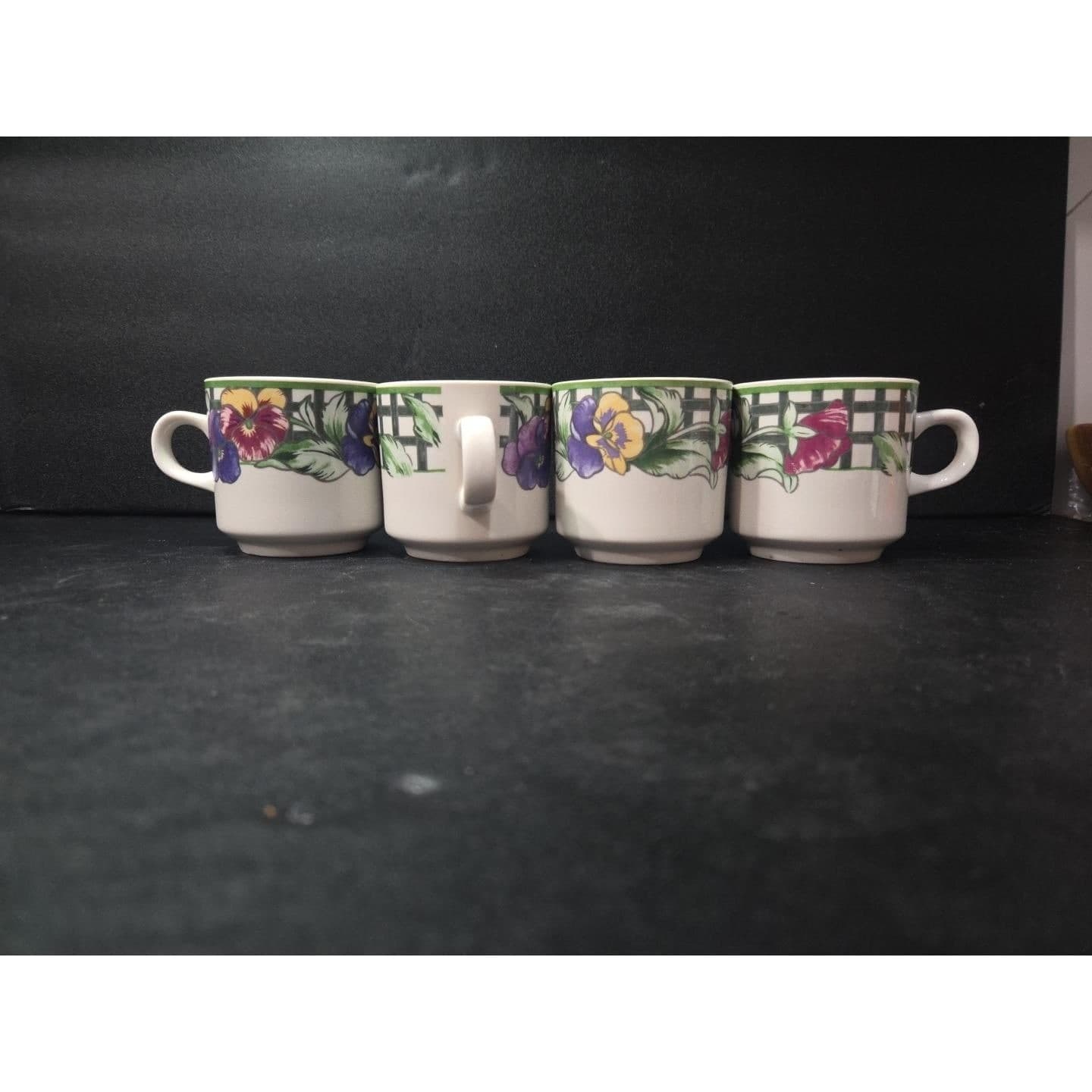 Gibson Pansy Coffee Cups, Set of 4, Vintage Floral Mugs, Cottagecore Tableware