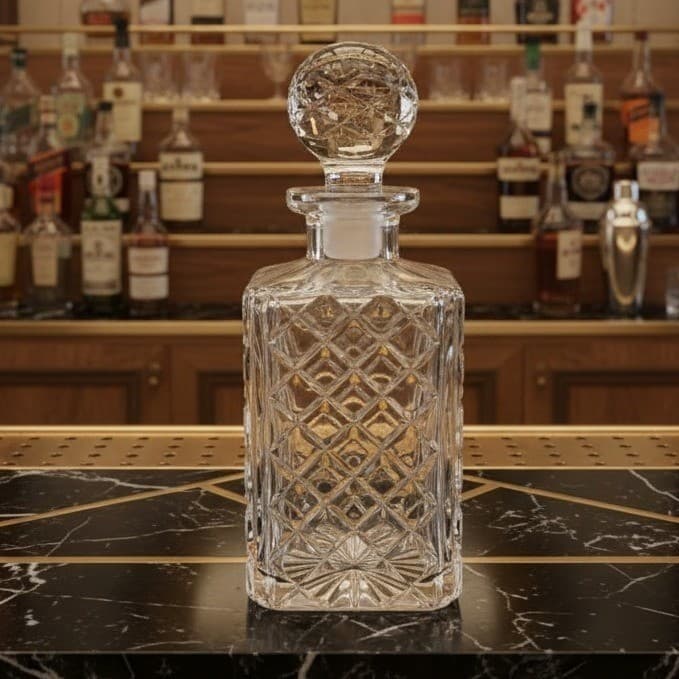 Heavy Crystal Square Decanter Diamond Faceted W/Stopper Vintage