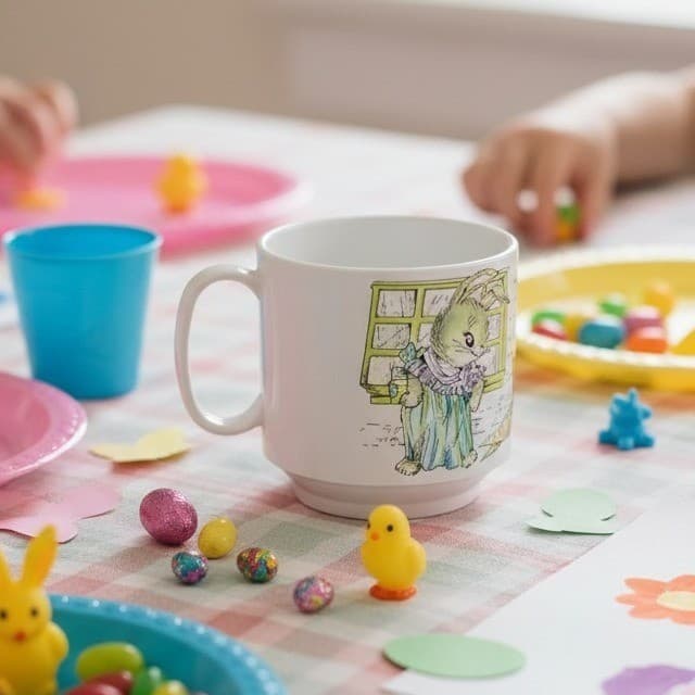 Rabbit Bunnies Melamine Child's Mug Cup Oneida Ware Spring Peter Rabbits