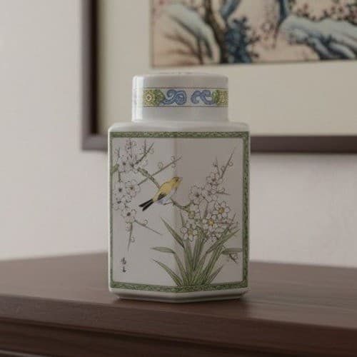 Porcelain Asian Inspired Candleholder, Vintage Floral & Bird Themed Design