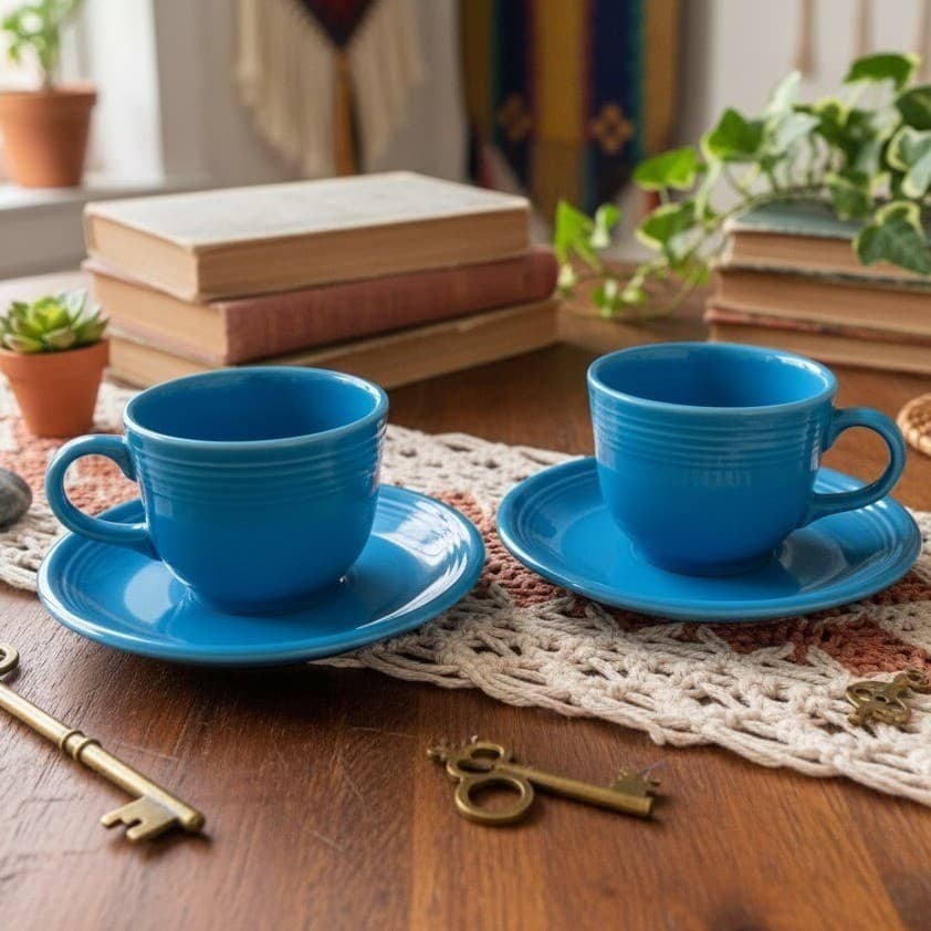 Fiesta Homer Laughlin Peacock Blue Cup & Saucer, Set of 2 Fiestaware USA Pottery