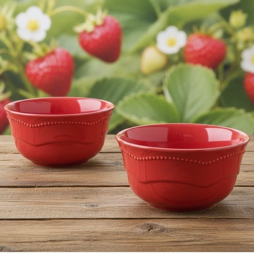 10 Strawberry Street Red Cereal Bowls, Set of 2, Embossed Beaded Edge Dinnerware
