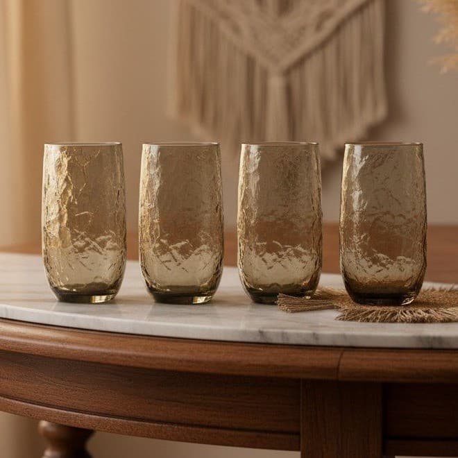 Anchor Hocking Sherwood Spicy Brown Flat Tumblers, Set of 4 Vintage Leaf Pattern