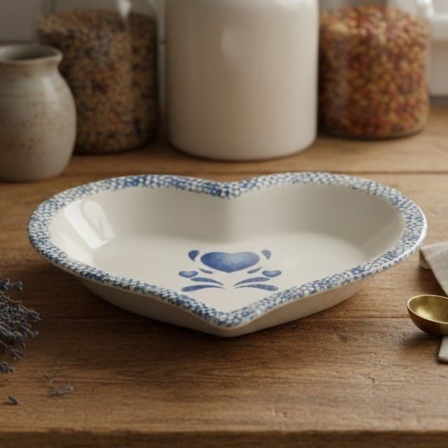 Blue Spongeware Heart-Shaped Pie Pan, Stoneware Spatter Bowl Country Kitchenware