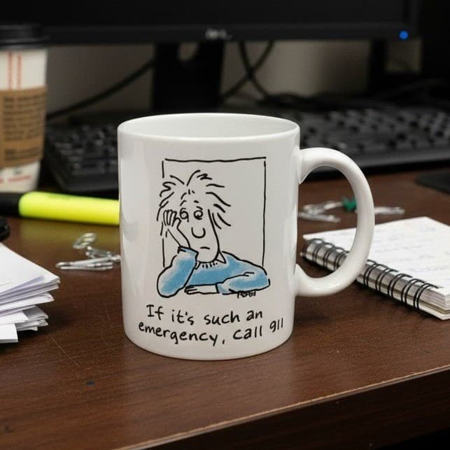Hallmark Shoebox "If It's An Emergency Call 911" Coffee Cup, Novelty Humor Mug