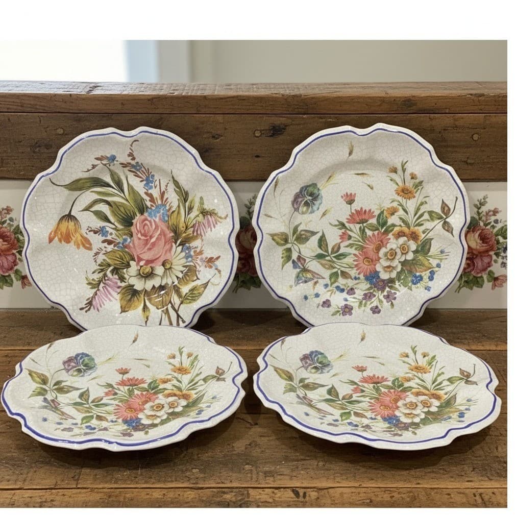 Lami Italy Floral Melamine Dinner Plates, Set of 4, Scalloped Edges Dinnerware