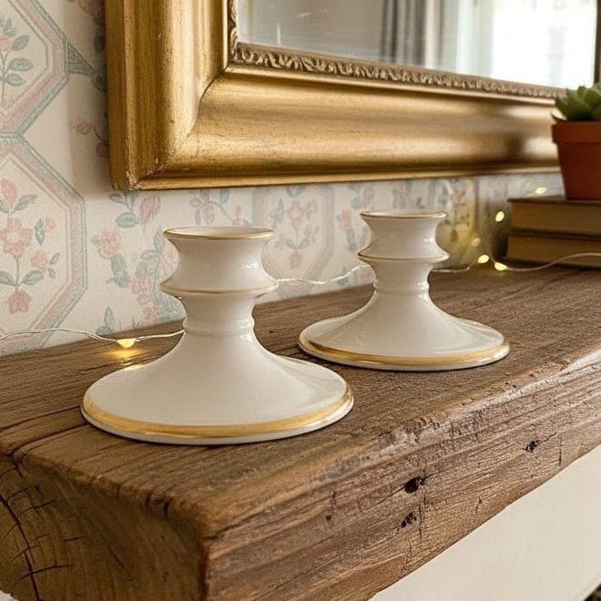 Pickard China Porcelain Candle Holders, Set of 2, Vintage Gold Trim Accents
