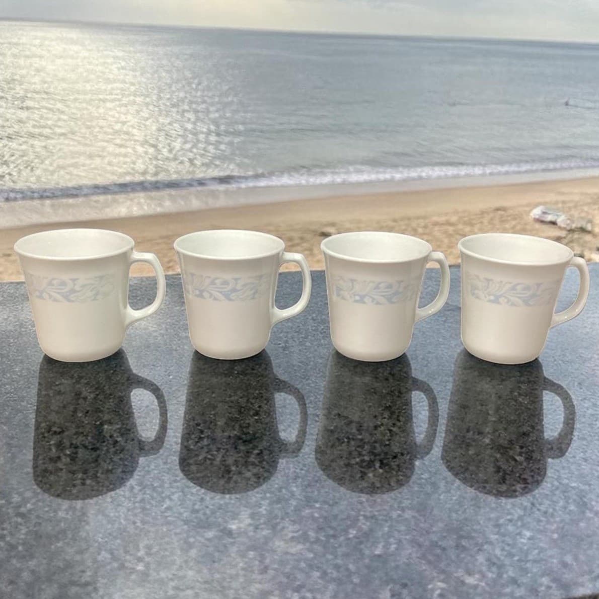 Corelle Corning Sea and Sand Coffee Cups, Set of 4, Vintage Mugs, Drinkware