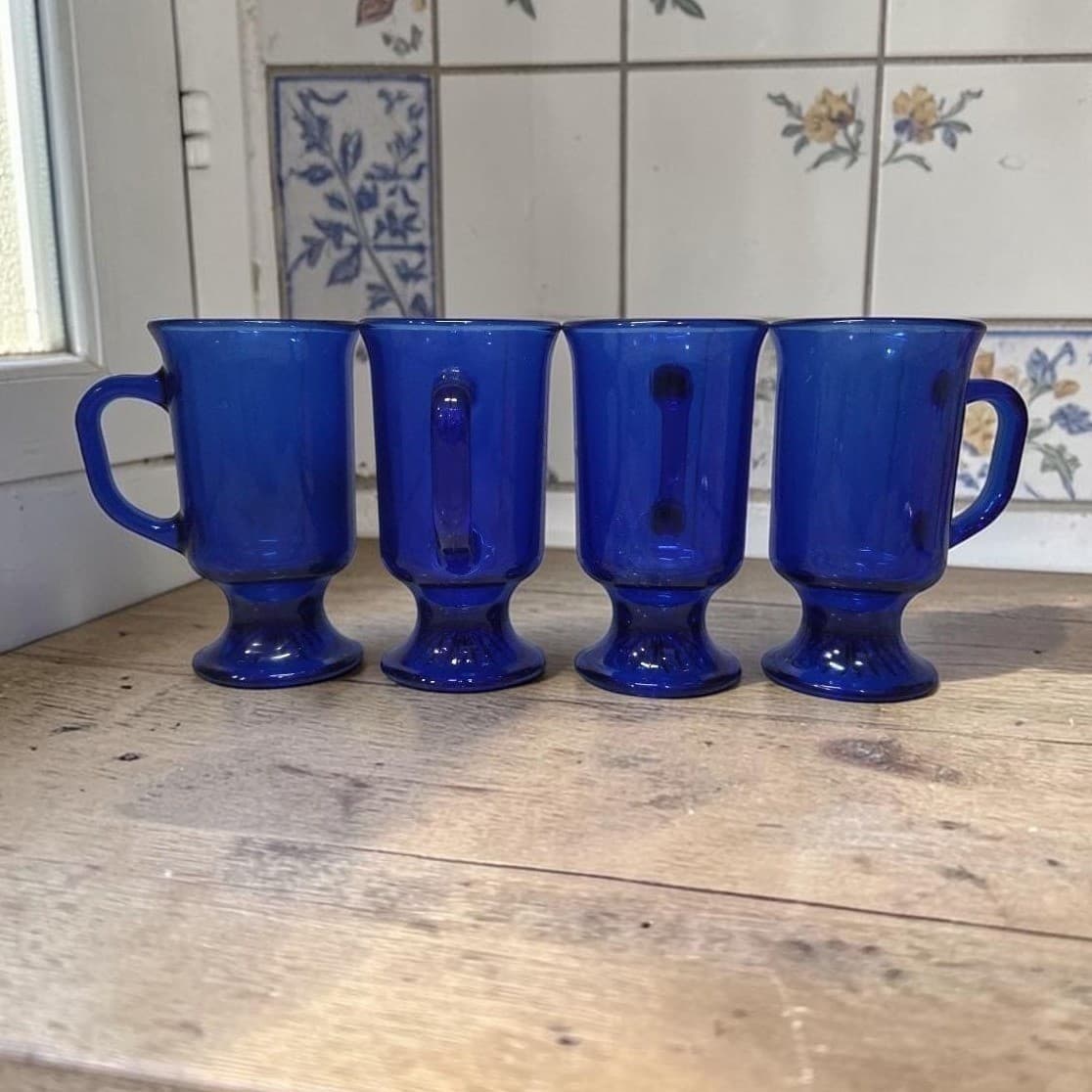 Anchor Hocking Cobalt Blue Irish Coffee Mugs, Set of 4, Vintage Pedestal Glasses