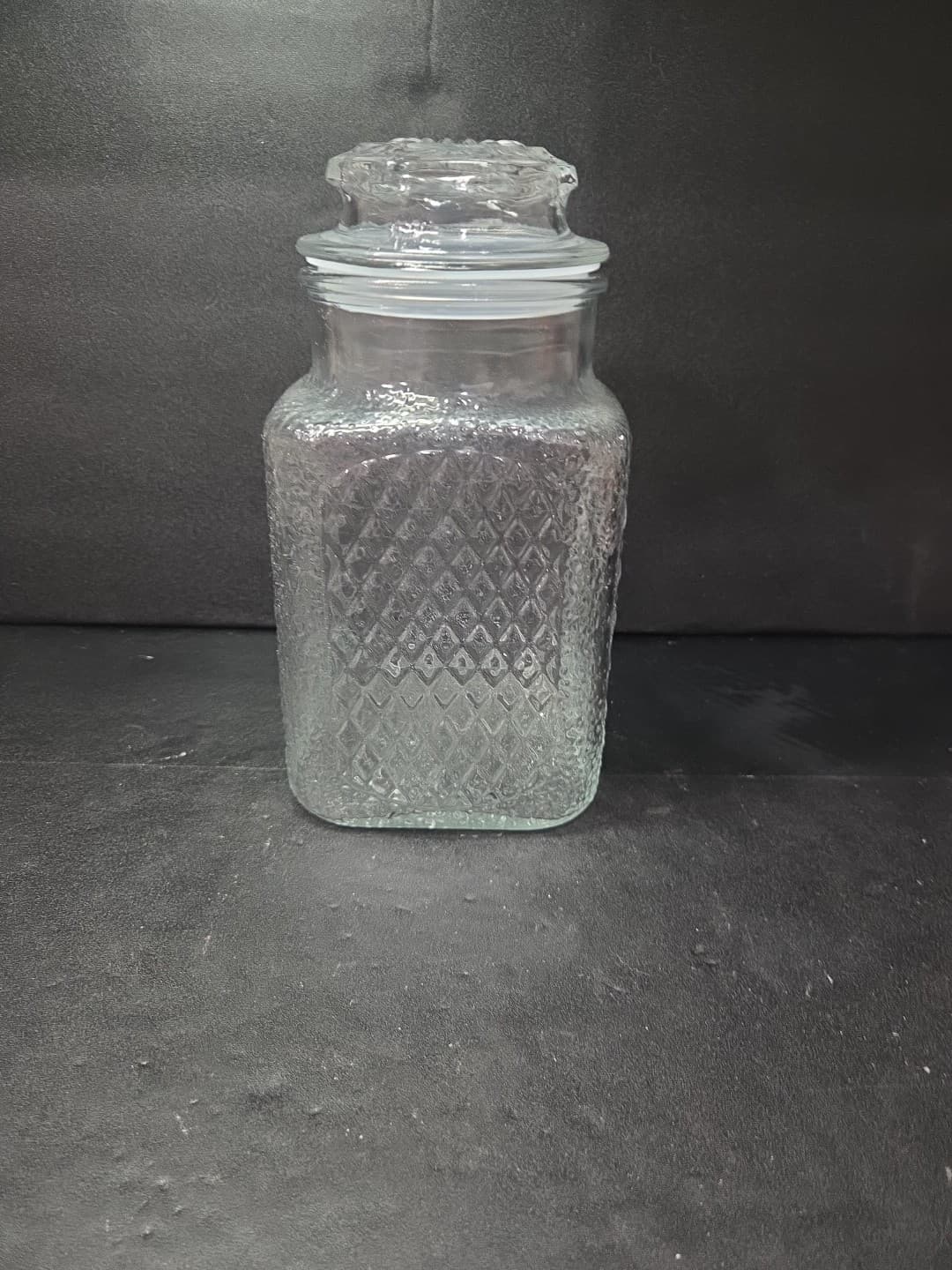 AHSG CO Pressed Diamond Glass Jar, Vintage 9" Canister, Waffle Design Apothecary